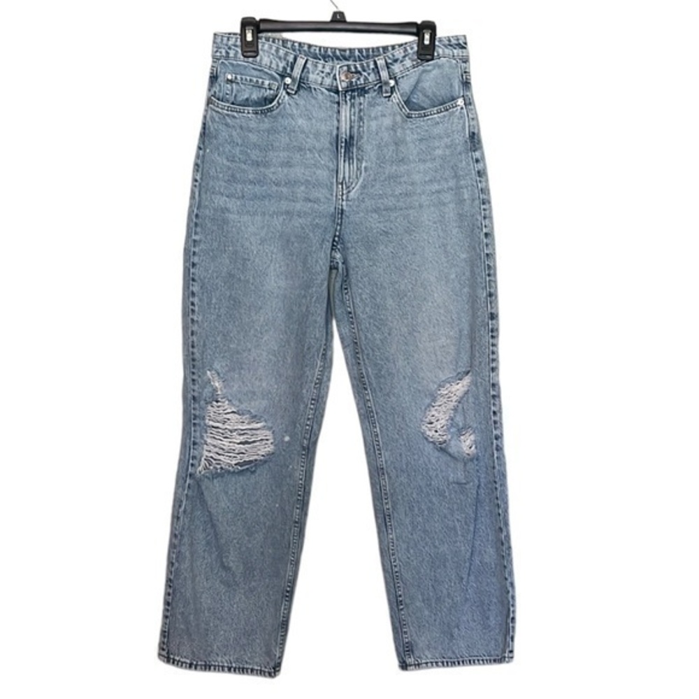 & Denim Loose Straight High Waist Jeans With Distressed Knees Light Blue